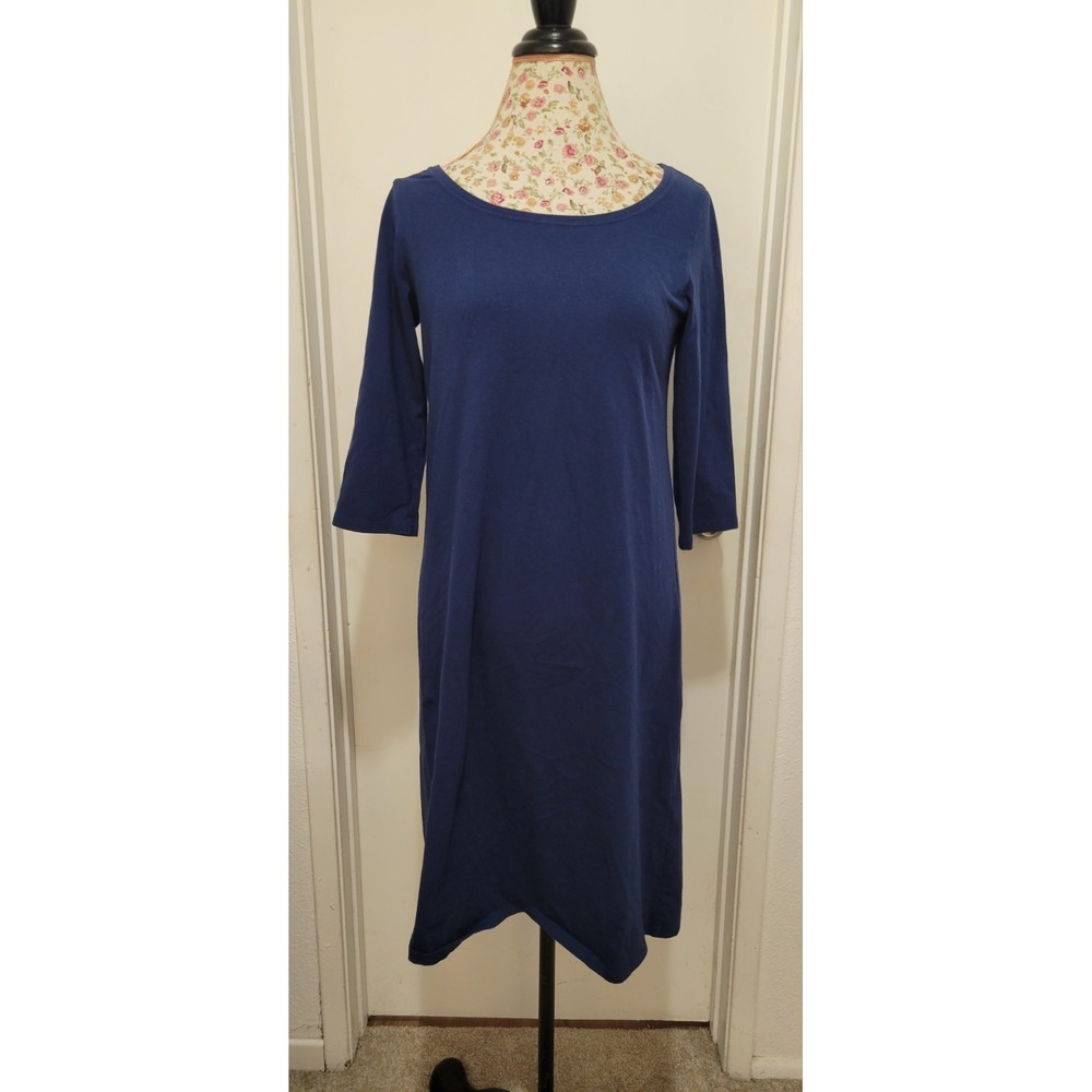 Eileen Fisher Blue Minimalist Organic Cotton Stretch 3/4 Sleeve Swing Dress S